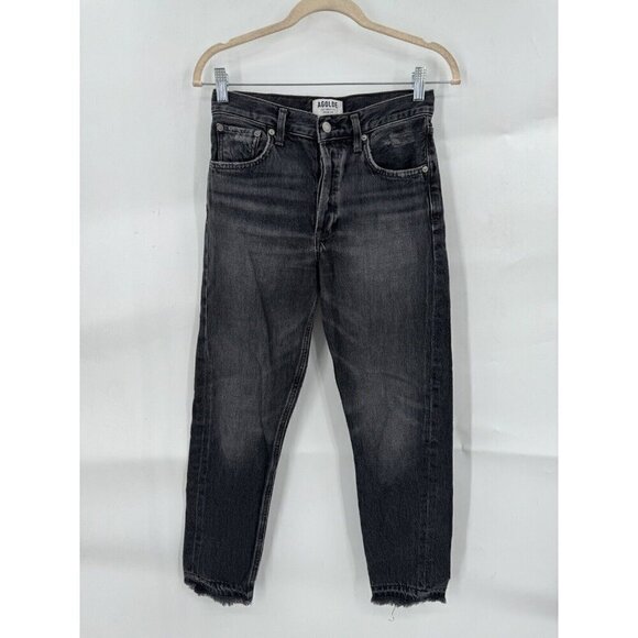 AGOLDE Button Fly Straight Leg Raw Frayed Hem Dark Wash Denim Women 24 Jeans - Picture 1 of 9